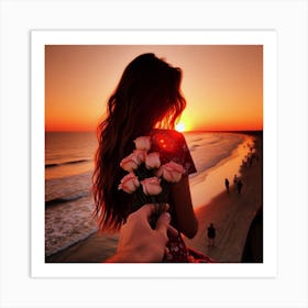 Sunset With Roses Art Print