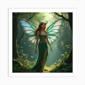 Fairy Queen With Iridescent Wings In A Forest Glade 1 Art Print