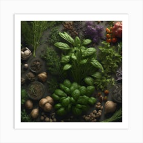 Fresh Herbs On A Dark Background Art Print