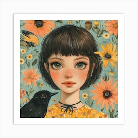 Girl With Crow Art Print