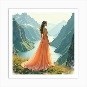 Graceful Dress Watercolor, In A Mystical Mountain Scene 1 Art Print