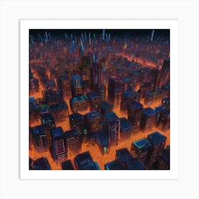 2d Illustration Of A Cityscape At Night Buildings Made Of Octagonal Fractal Patternneon Vibrant 617311733 (1) Art Print