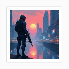 Futuristic Soldier In A Neon Lit Cityscape At Dusk, Watercolor Art 1 1 Art Print