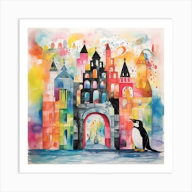 Penguin In Front Of Castle Art Print