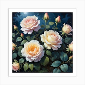 Vintage Midnight Summer Botanical Roses Garden Art Print 3 Art Print