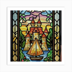 Image of medieval stained glass windows of a sunset at sea 6 Art Print