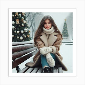 Girl In Winter Coat Sitting On Bench Art Print