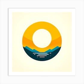 Title: "Solar Zenith: The Day's Vibrant Peak"  Description: "Solar Zenith" is a modern graphic depiction of the sun at its highest point, embodying the full vibrance and energy of midday. The artwork features a bold, circular sun in vivid shades of yellow and orange, cradling the sharp peaks of mountains and the calm expanse of a lake below. The use of crisp lines and flat colors lends a contemporary feel to the timeless scene, while the central white space suggests the intense luminosity of the sun. This piece is a celebration of daylight in its most potent form, perfect for bringing a sense of brightness and dynamism to any living or working space. Art Print