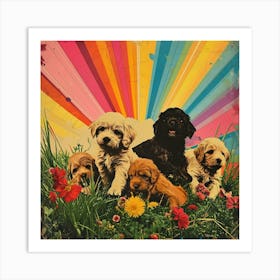 Rainbow Puppies In The Meadow Sunny Collage Art Print