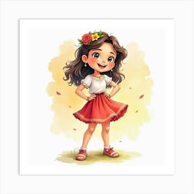 Spanish Girl With A Joyful Pose, Watercolor With Cheerful Tones 1 Art Print