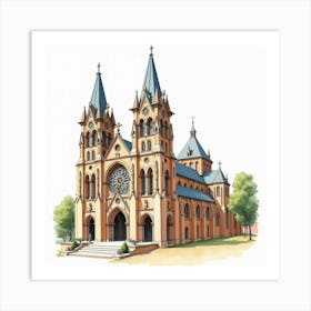 Spanish Cathedral With Watercolor Gothic Architecture And Details Art Print