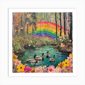 Rainbow Ducks In The Pond 1 Art Print