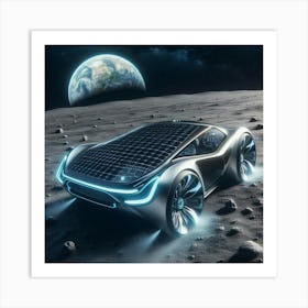 A futuristic, sleek car drives on the moon, with Earth visible. Art Print