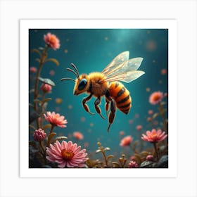 A Whimsical Bee With A Body Of Fractal Patterns Hovering Over A Surreal, Glowing Garden 1 Art Print