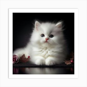 White Kitten With Roses Art Print