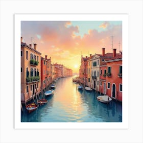 Romantic Venetian Sunset Over The Canals, Painted In Soft Watercolor Hues 1 Art Print