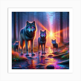 Mystical Forest Wolves Seeking Mushrooms and Crystals 4 Art Print