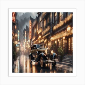 Antique Car In The Rain Art Print