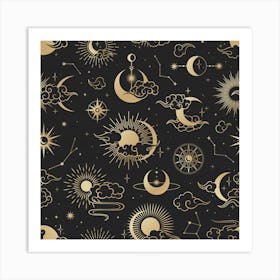 Asian Seamless Pattern With Clouds Moon Sun Stars Vector Collection Oriental Chinese Japanese Korean Style Art Print