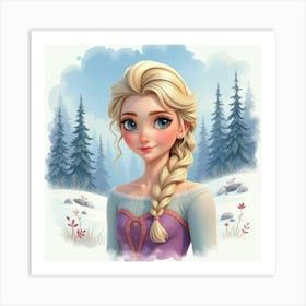 Watercolor Portrait Of Young Queen Amidst A Serene, Snowy Landscape Art Print