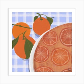 Orange Cake On Blue Tablecloth Square Art Print