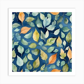 Watercolor Leaves On Blue Background Art Print 1 Art Print