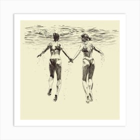 Two Women Swimming In The Water Art Print