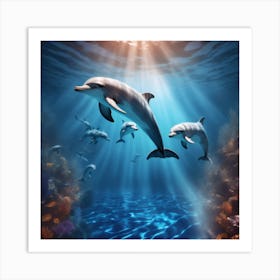 Dolphins Diving Through Illusionary Waves And Patterns Creating An Enchanting And Mystical Underwater Experience Art Print