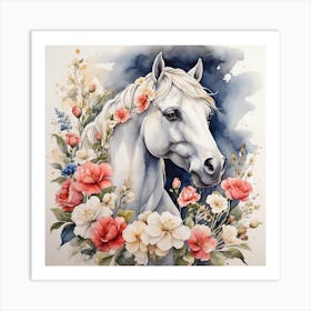 White Horse With Flowers 1 Art Print