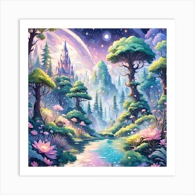 A Fantasy Forest With Twinkling Stars In Pastel Tone Square Composition 27 Art Print