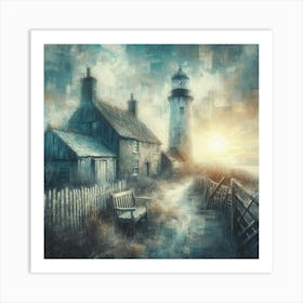 Charming Coastal Scene: Weathered Lighthouse, Rustic Cottage, and Tranquil Sunrise Painting in Blue, Grey, and Yellow Art Print