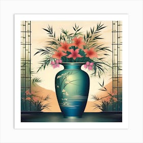 Flower Vase Decorated with Bamboo, Turquoise, Green, Beige, Coral and Pink Art Print