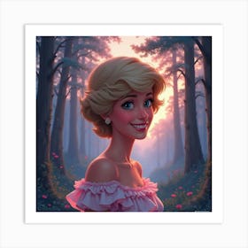 Princess Diana Smiling With A Dreamy Watercolor Forest Backdrop At Dusk Art Print