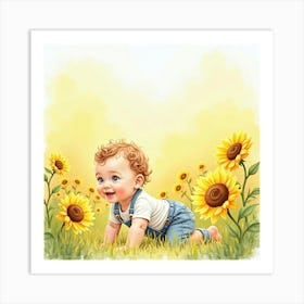 Watercolor Baby Boy Crawling Through A Field Of Soft Sunflowers Art Print