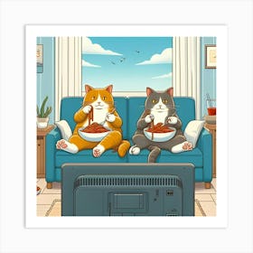 Two Cats Are Sitting On A Couch, Eating Spaghetti And Watching Tv Art Print