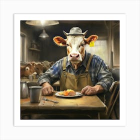 Cow At A Table Art Print