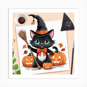 Cute Cat Halloween Pumpkin (22) Art Print