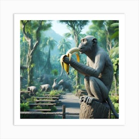 Monkey Eating Banana In The Jungle Art Print