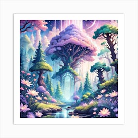 A Fantasy Forest With Twinkling Stars In Pastel Tone Square Composition 159 Art Print