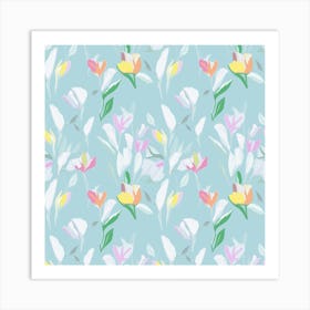 Flowers On Blue Fabric Art Print