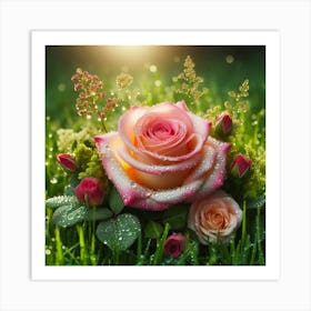 Pink Roses On Green Grass 1 Art Print