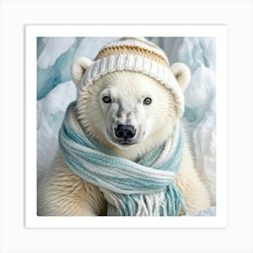 Polar Bear Cub Donning A Handcrafted Knit Cap And Scarf White Fluffy Fur Against A Snowy Backdrop Art Print