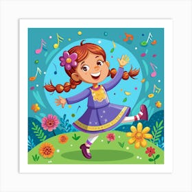 Joyful Girl Dancing In A Field Of Flowers Art Print