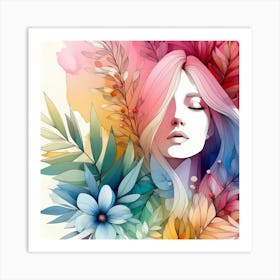 Watercolor Of A Girl With Flowers 4 Art Print