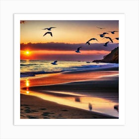 Seagulls At Sunset 1 Art Print