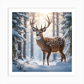 Deer In Winter Forest Art Print