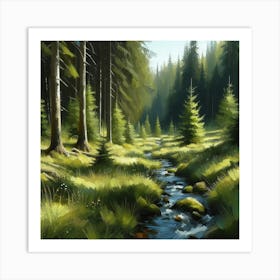 Stream In The Forest, Acrylic Painting Style 20 Art Print