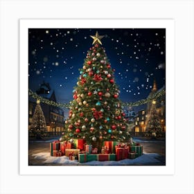 An Ultra Realistic Portrayal Of A Cheerfully Adorned Three Dimensional Pine Tree Its Evergreen Leav Art Print