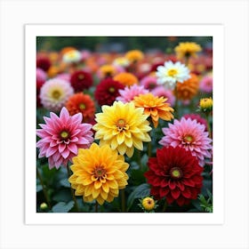 A Blooming Garden Of Various Colors Of Dahlias In Full Splendor 3 Art Print