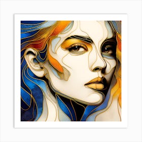 Portrait Of A Woman's Face - Stained Glass Effect In Golden Lines, Blue, Orange, and Yellow Colors With A Touch Of Abstraction With An Elegant Look. Art Print
